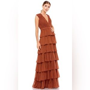 $398 IEENA FOR MAC DUGGAL PLUNGE NECK RUFFLE TIERED GOWN SIZE 2 NUTMEG